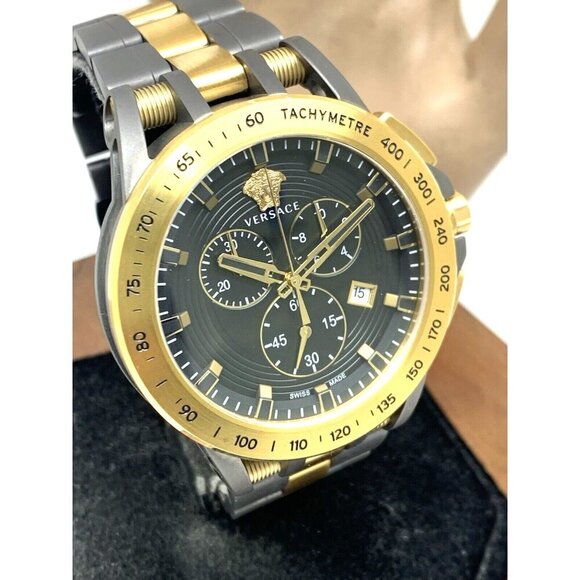 Versace Men's Watch VE3E00621 Swiss Quartz Chronograph Black Dial Gold Gray Band - Picture 13 of 14